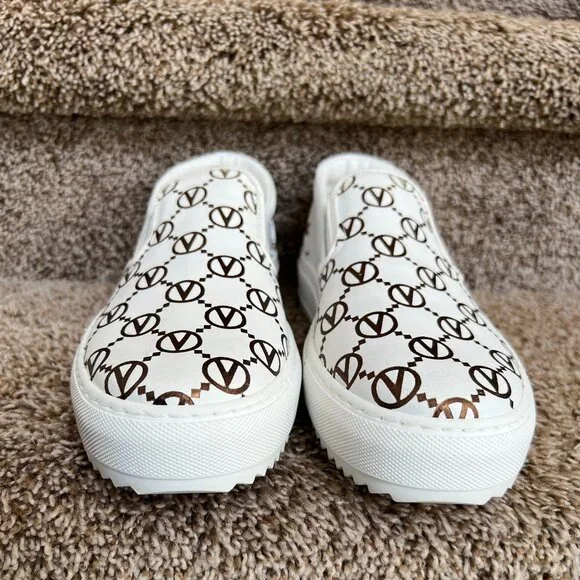 Valentino Women's White/ Brown Logo Leather Slip-on Sneakers